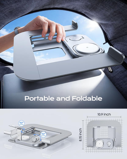 Laptop Stand with Wireless Charging Station Base, Foldable Aluminum Macbook Holder with Magsafe Charger for Iphone/Iwatch/Airpods, 30W USB-C Wired Charging for Laptop/Ipad, with 65W Adapter