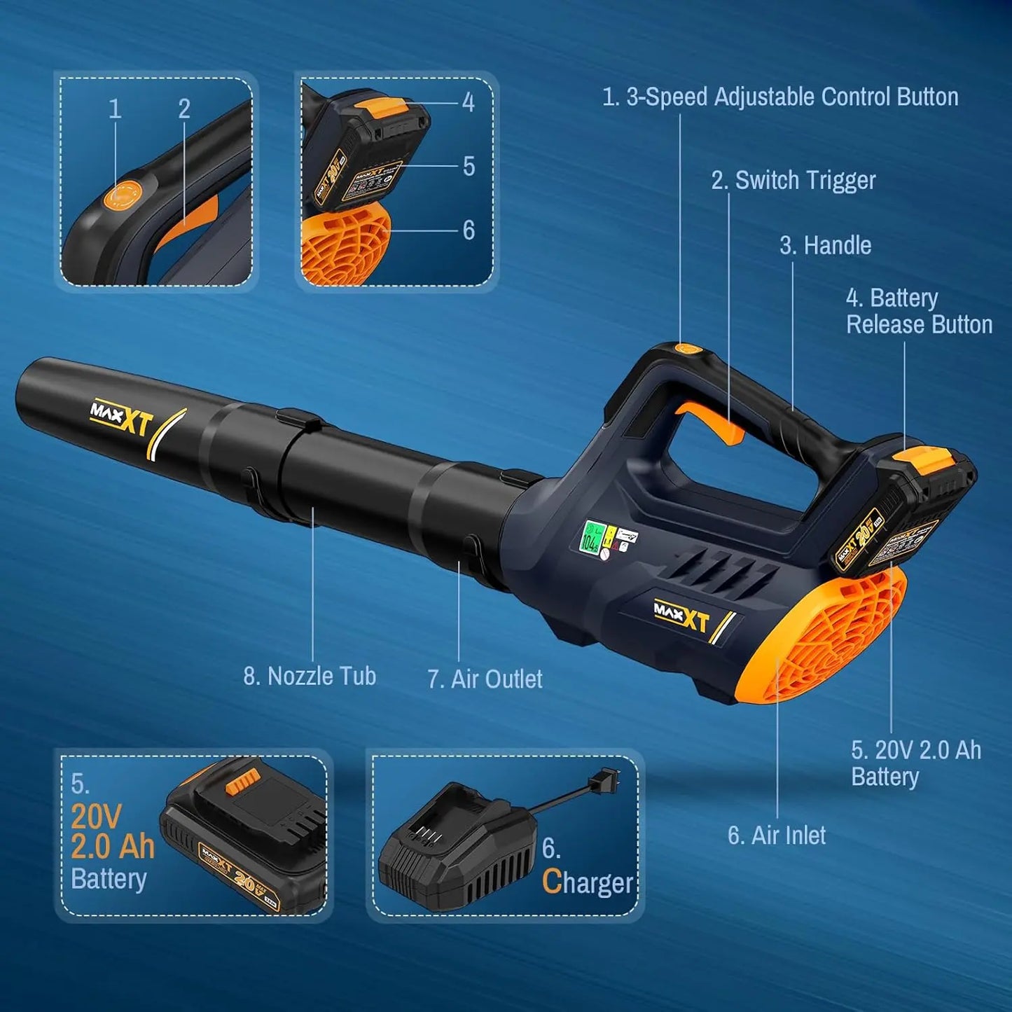 MAXXT 20V Cordless Brushless Motor Leaf Blower - 360CFM, 200MPH Max Speed, 3-Speed Adjustable, 2.0Ah Battery, 30-Minute Runtime, Portable Handheld Electric Tool for Garden, Outdoor Surfaces Cleaning Power Tool Heavy Duty