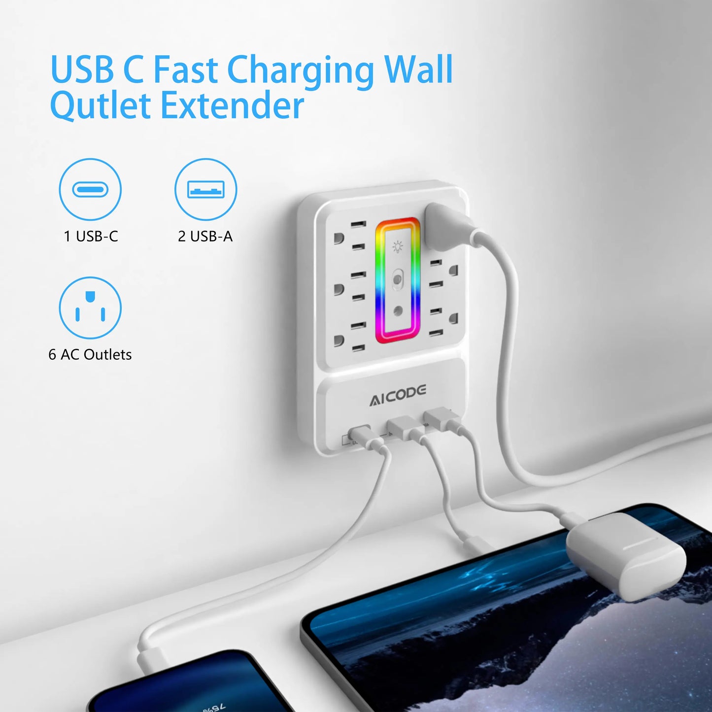 Outlet Extender with USB C, Multi Outlet Surge Protector with Nightlight, 6 Outlet Wall Plug with USB (3 USB a & 1 USB C), Wall Mount Multiple Plug Outlet Power Strip for Home, Dorm, Office
