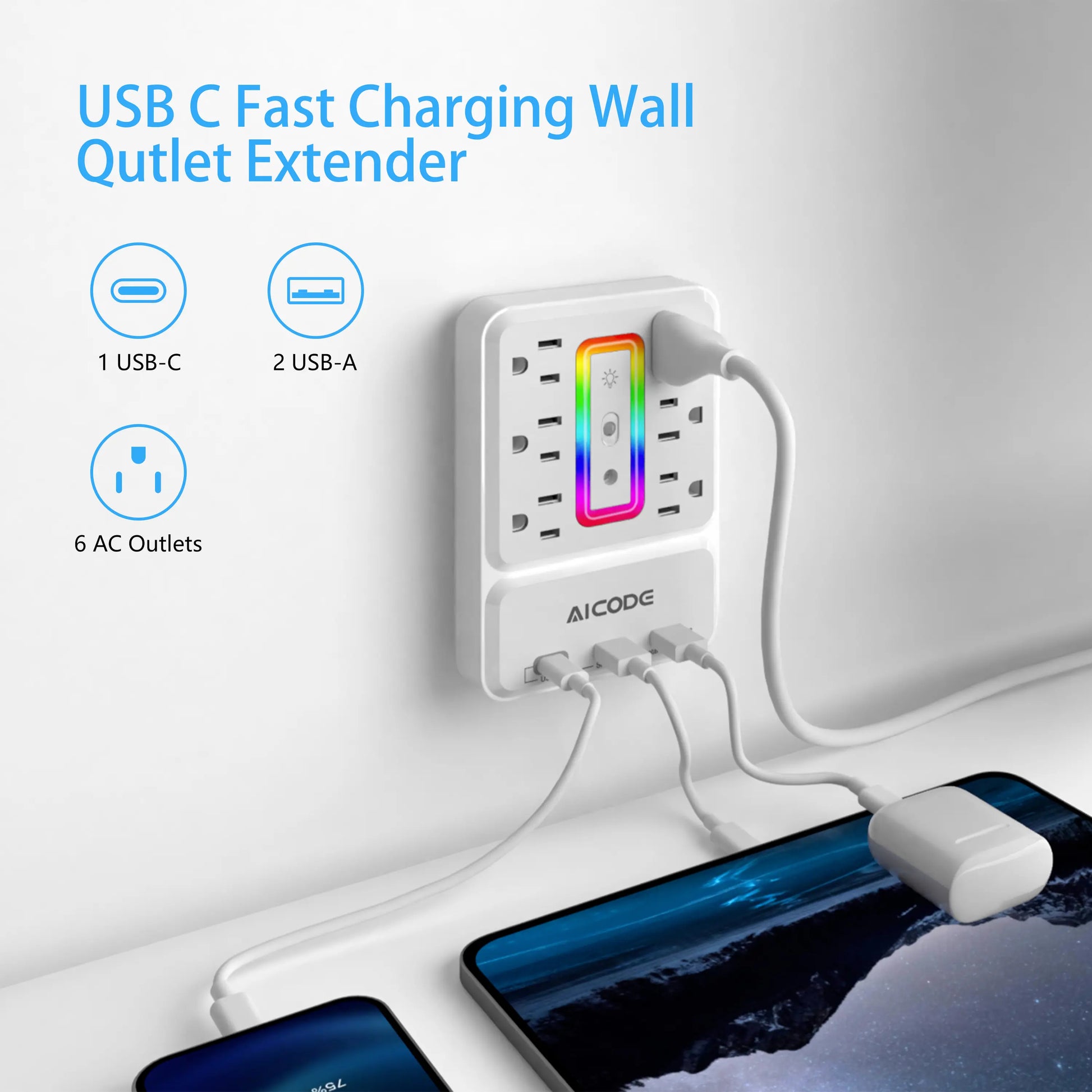 Outlet Extender with USB C, Multi Outlet Surge Protector with Nightlight, 6 Outlet Wall Plug with USB (3 USB a & 1 USB C), Wall Mount Multiple Plug Outlet Power Strip for Home, Dorm, Office
