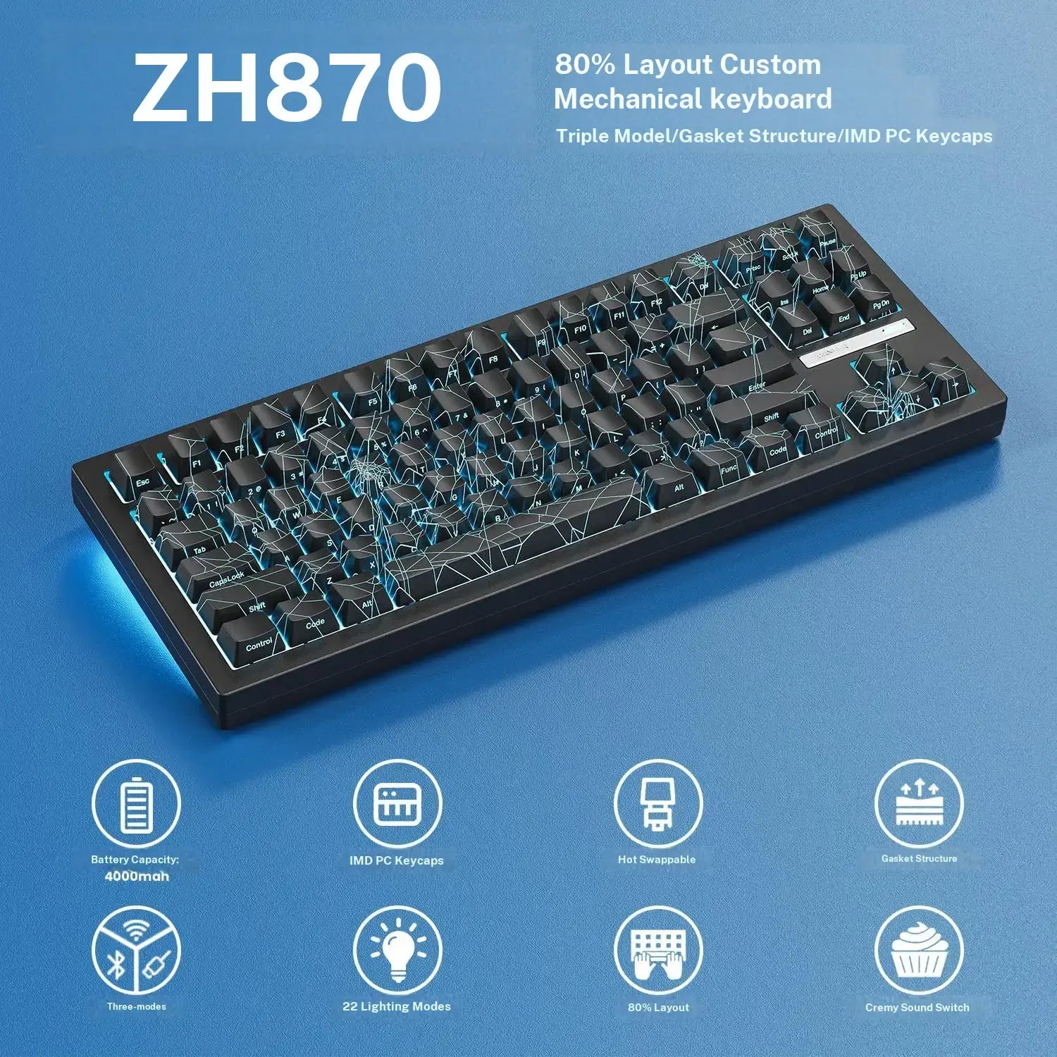 ZORNHER ZH870 80% BT5.0 Wireless Mechanical Creamy Keyboard, Hot Swappable Linear Switches, RGB Lighting, 2.4Ghz/Usb C Connectivity, Spider Web IMD PC Keycaps, Keyboards for Gaming, Gaming PC Accessories Color Backlight Keyboard Computer Game Hardware Tik