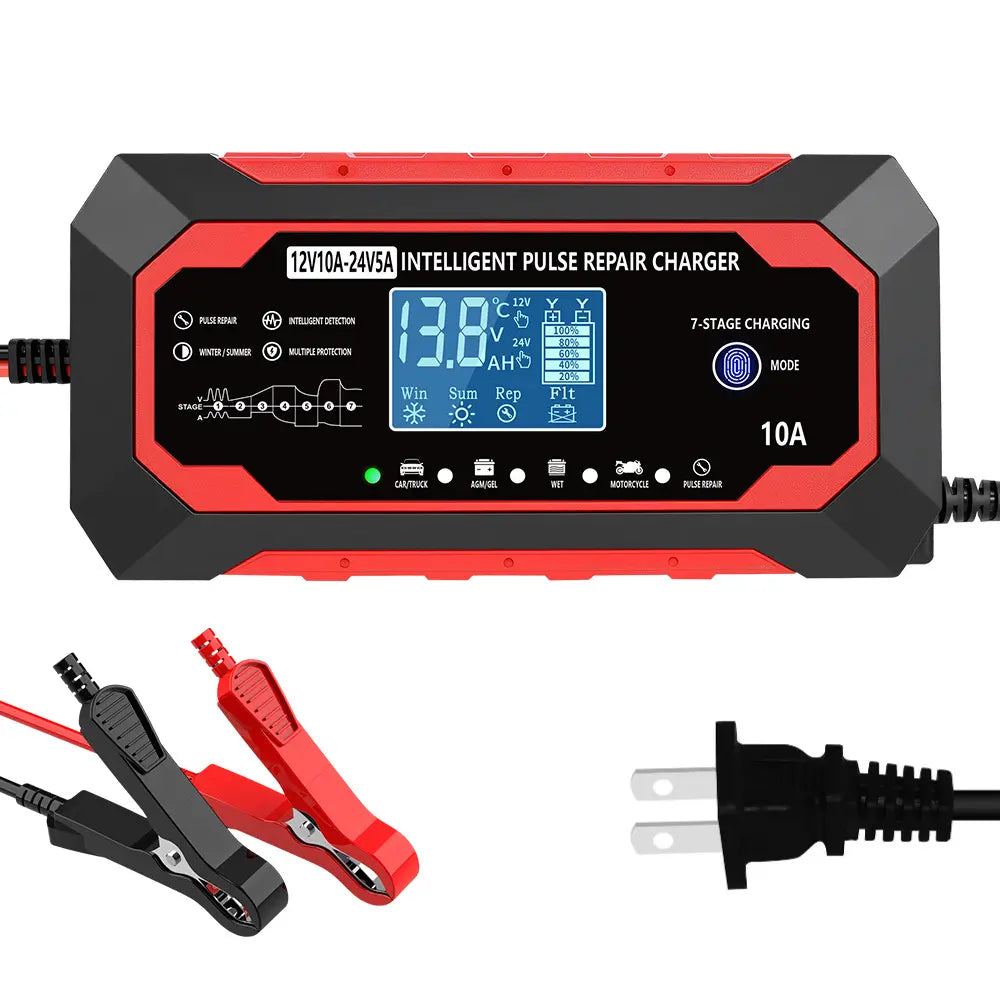 12V 10A-24V 5A Full Auto Fast Car Battery Charger - Intelligent Pulse Repair Replenisher with LCD Screen, Multifunctional for Cars, Trucks, Marine Batteries