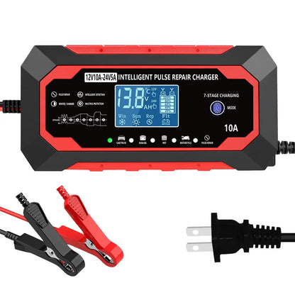 12V 10A-24V 5A Full Auto Fast Car Battery Charger - Intelligent Pulse Repair Replenisher with LCD Screen, Multifunctional for Cars, Trucks, Marine Batteries