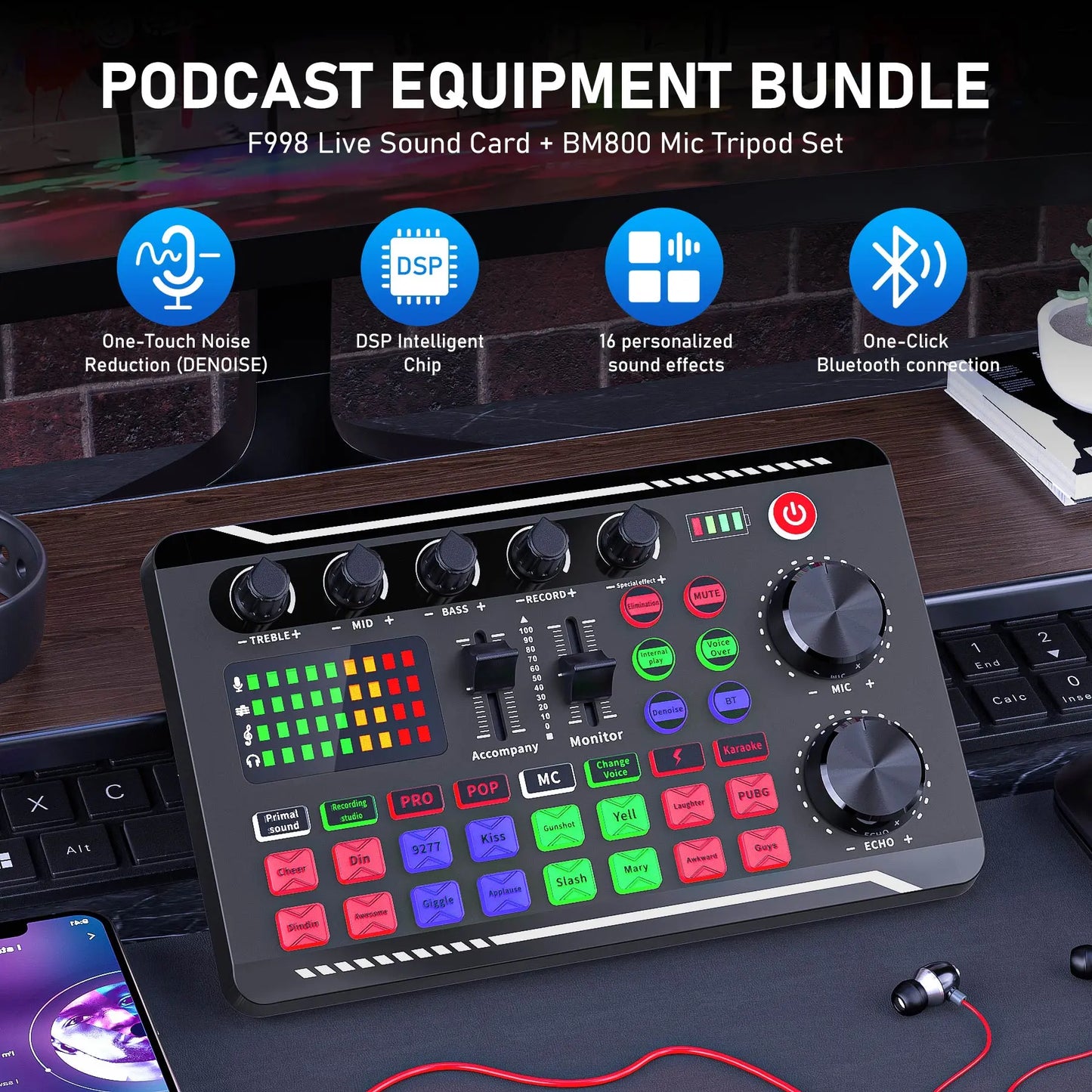 Facmogu F998 Professional Podcast Equipment Bundle - Audio Interface, BM800 Condenser Microphone, Tripod Stand, USB Cable, Card Slot, Control Buttons for Live Streaming, Recording Device, Metal