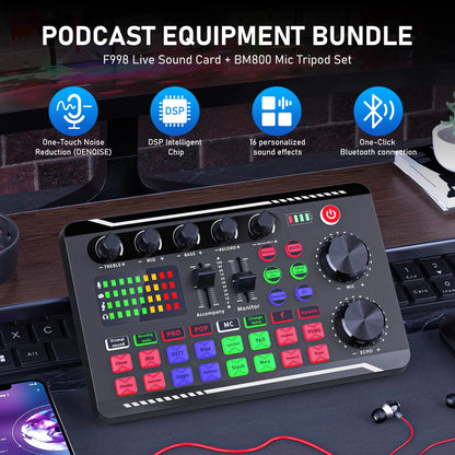 Facmogu F998 Professional Podcast Equipment Bundle - Audio Interface, BM800 Condenser Microphone, Tripod Stand, USB Cable, Card Slot, Control Buttons for Live Streaming, Recording Device, Metal