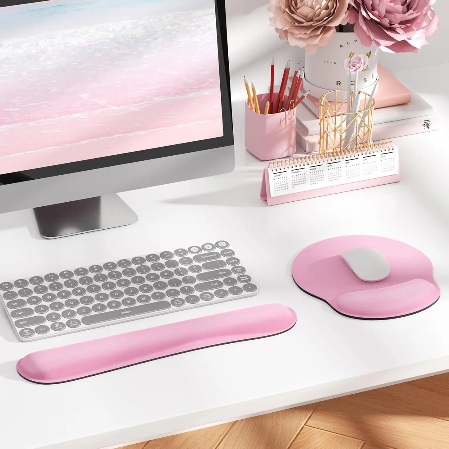 KTRIO Ergonomic Keyboard Wrist Rest and Mouse Pad with Wrist Rest Set, Memory Foam Wrist Support for Typing, Gaming, Office and Home Use, Pale Pink