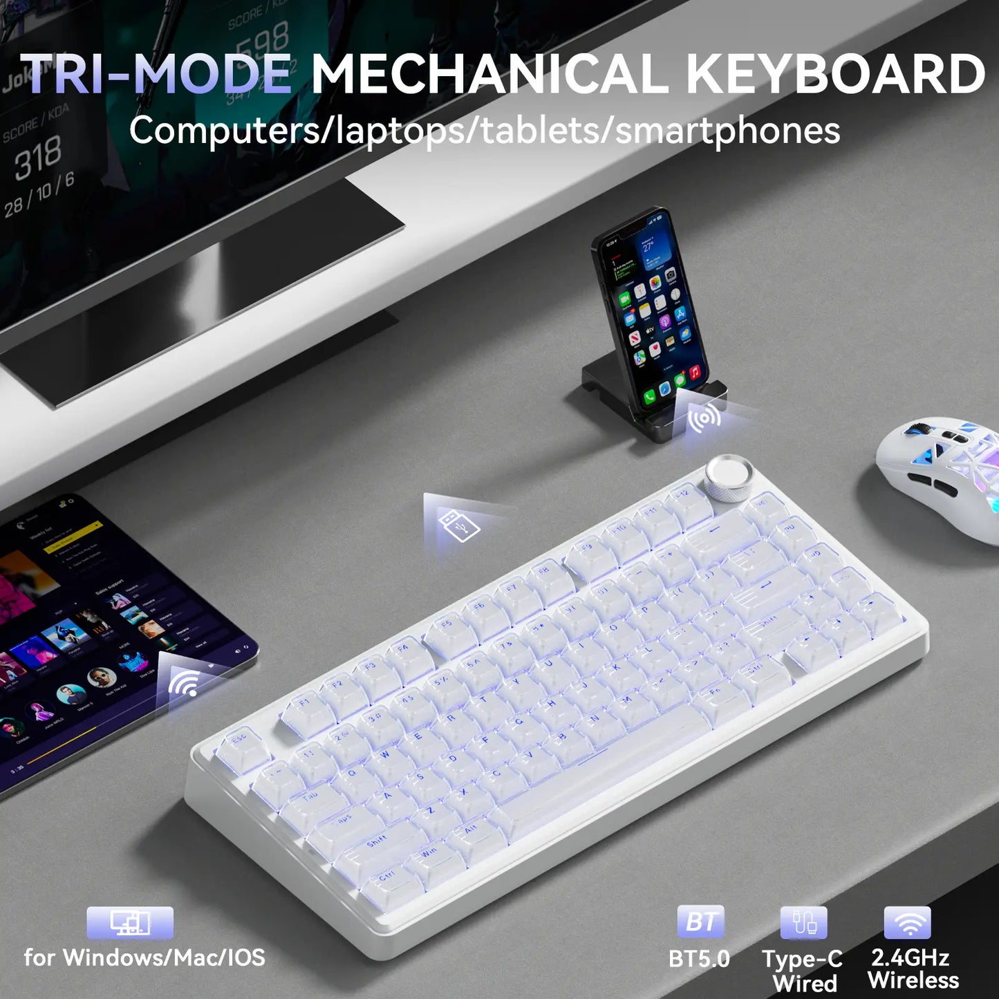 [New]Solakaka A75 Crystal White Wireless Keyboard, Cute RGB 75% Mechanical Keyboard, Tri-Mode Bluetooth/2.4G/Usb-C, Creamy Caramel Latte Linear Switch, Hot Swappable Aesthetic Keyboard for PC Mac Laptop,Back to School,Back to School Shopping