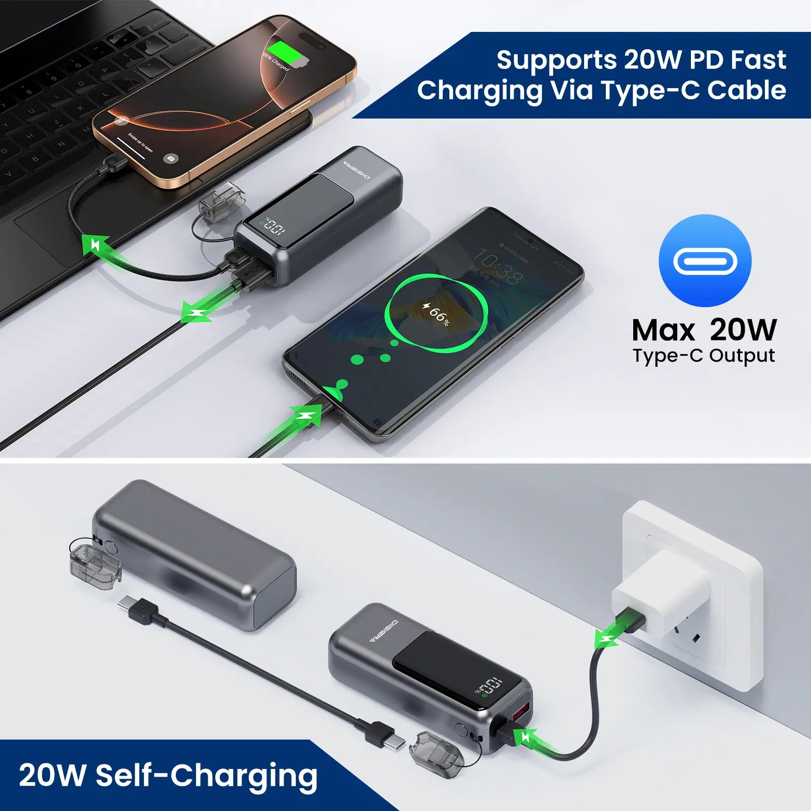 Digiera 10000Mah Magnetic Power Bank for Phones & Digital Devices, 20W PD Fast Charging, Built-In USB-C Dual-Direction Cable Lanyard, LED Battery Display, Compact Travel-Friendly Protection Accessory