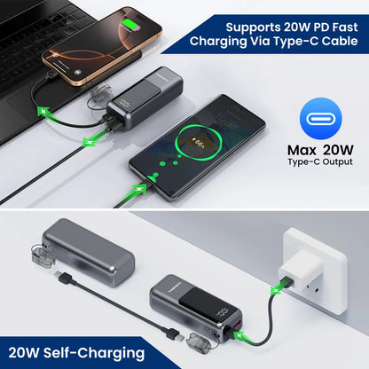 Digiera 10000Mah Magnetic Power Bank for Phones & Digital Devices, 20W PD Fast Charging, Built-In USB-C Dual-Direction Cable Lanyard, LED Battery Display, Compact Travel-Friendly Protection Accessory