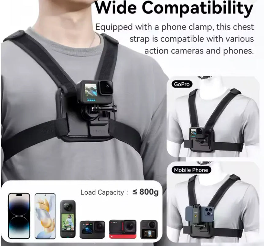 Adjustable Chest Mount Strap for Camera Phones - Secure Action Camera Holder with Clips