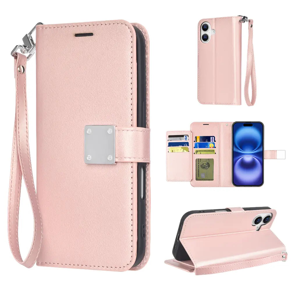 Premium Synthetic Leather Bi-Fold Wallet Case with Strap for Apple iPhone 16 - Stylish Credit Card Holder and Stand