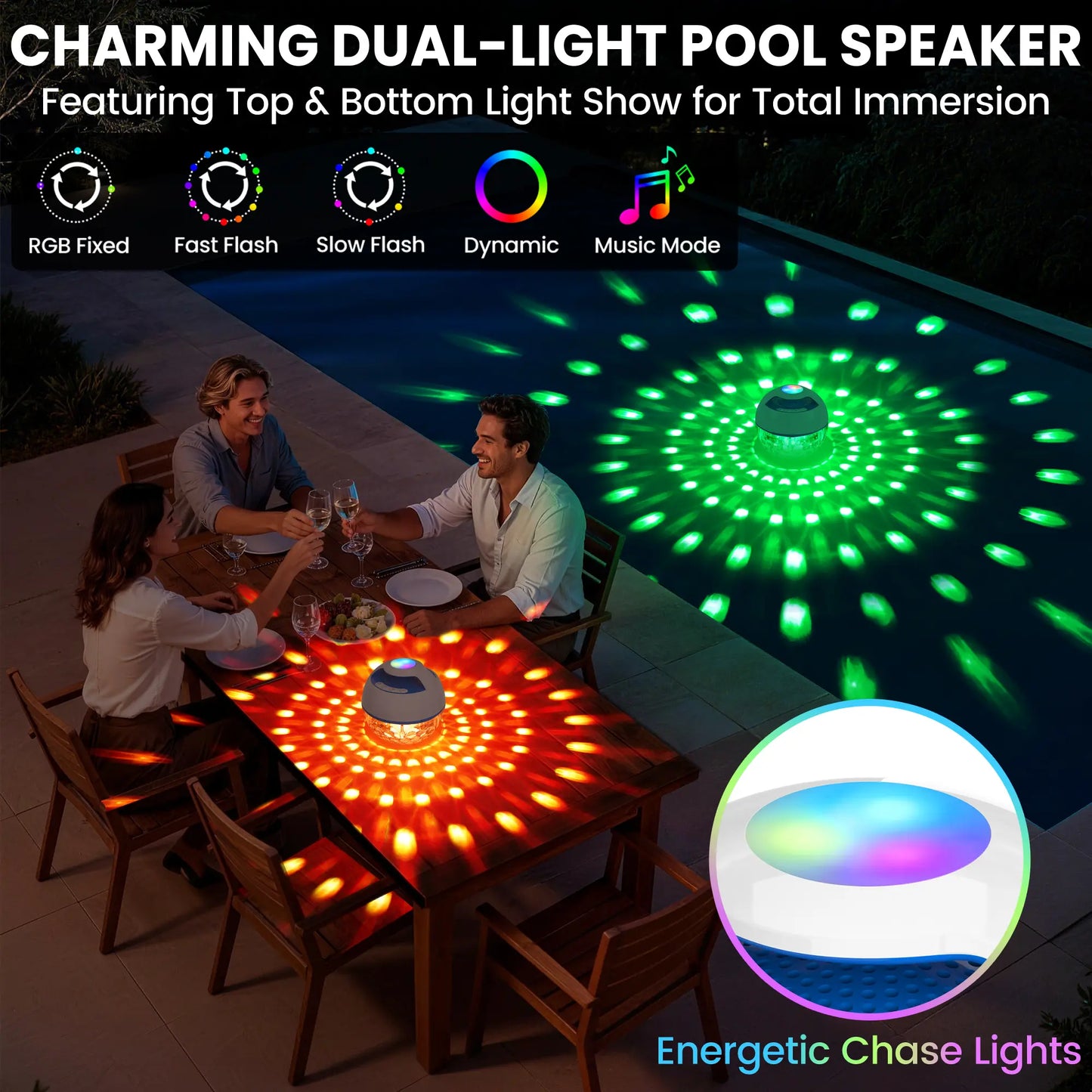 White 2-In-1 IP68 Waterproof Floating Bluetooth Speaker - Colorful LED Light, 360° Surround Stereo Audios, Hands-Free Portable Wireless Speaker with Charging & Connection Support for Pool, Hot Tub, Bass Speakers