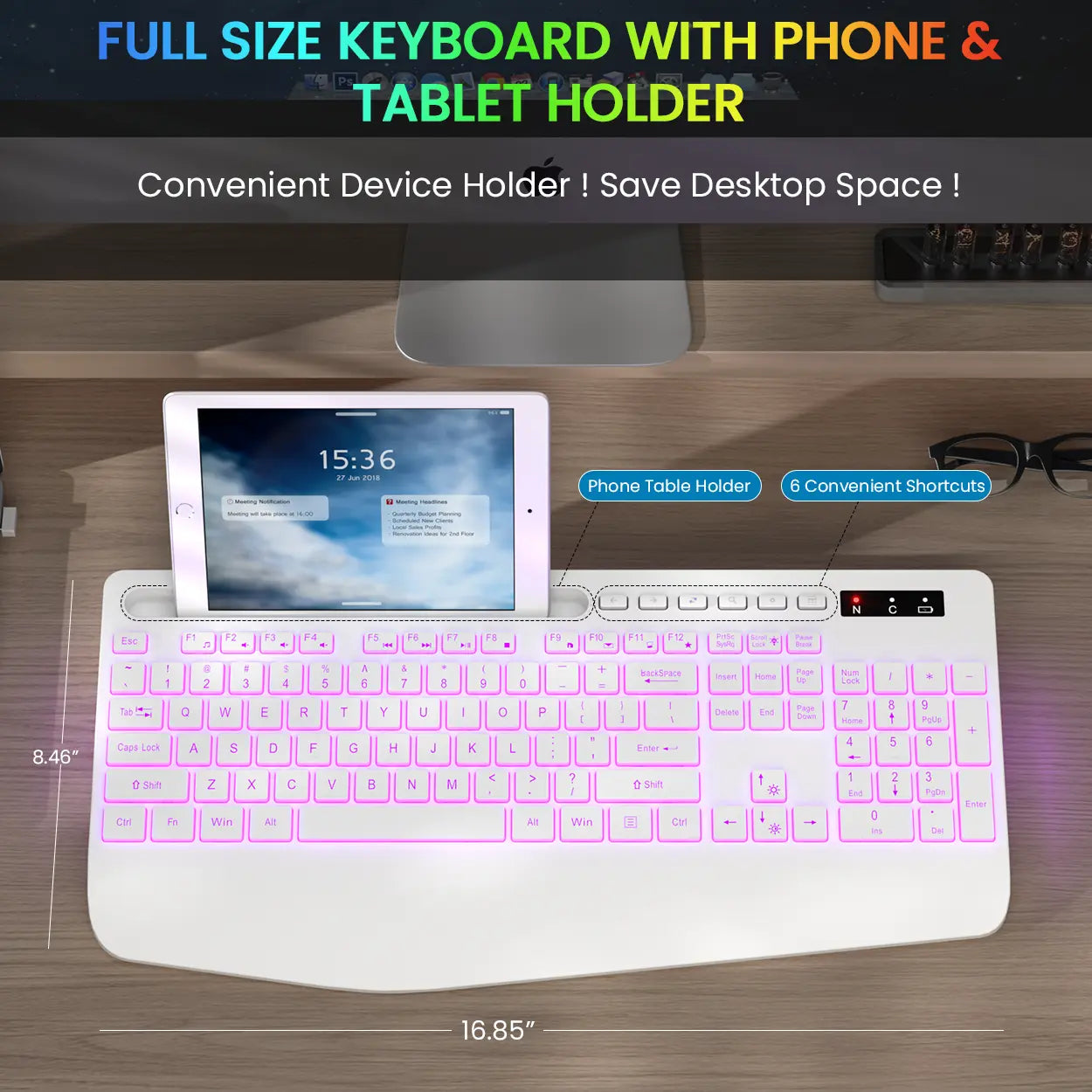 Ergonomic Wireless Keyboard with Rechargeable Battery, 7-Color Backlighting, Wrist Rest, and Phone Stand, Featuring Silent Light Keys