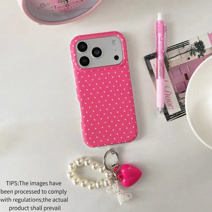 Creative Fashion Double-Layer Half-Wrapped Shockproof Durable TPU Protective Case, Shockproof Smartphone Accessories, Solid Polka Dot Pattern with Cute Heart Charm, Ideal Gift for Girls, 3 Colors for Iphone 17 Pro Max