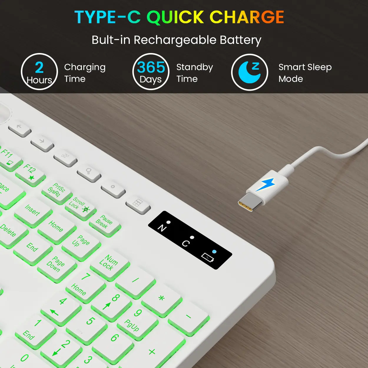Ergonomic Wireless Keyboard with Rechargeable Battery, 7-Color Backlighting, Wrist Rest, and Phone Stand, Featuring Silent Light Keys