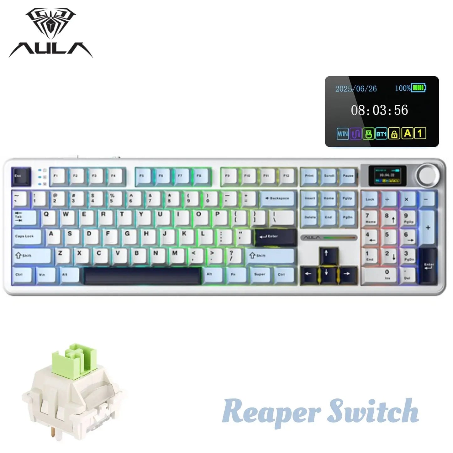 New AULA F108 Pro Tri Mode Wireless Mechanical Gaming Keyboard Hot Swappable RGB Backlit Smart Screen and Knob Full Size with Num Pad USB C BT 2.4G for E Sports and Office Use