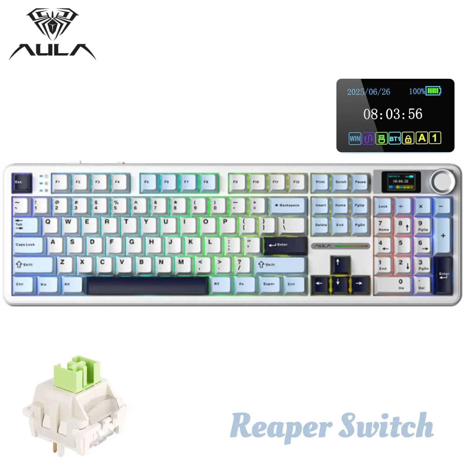 New AULA F108 Pro Tri Mode Wireless Mechanical Gaming Keyboard Hot Swappable RGB Backlit Smart Screen and Knob Full Size with Num Pad USB C BT 2.4G for E Sports and Office Use