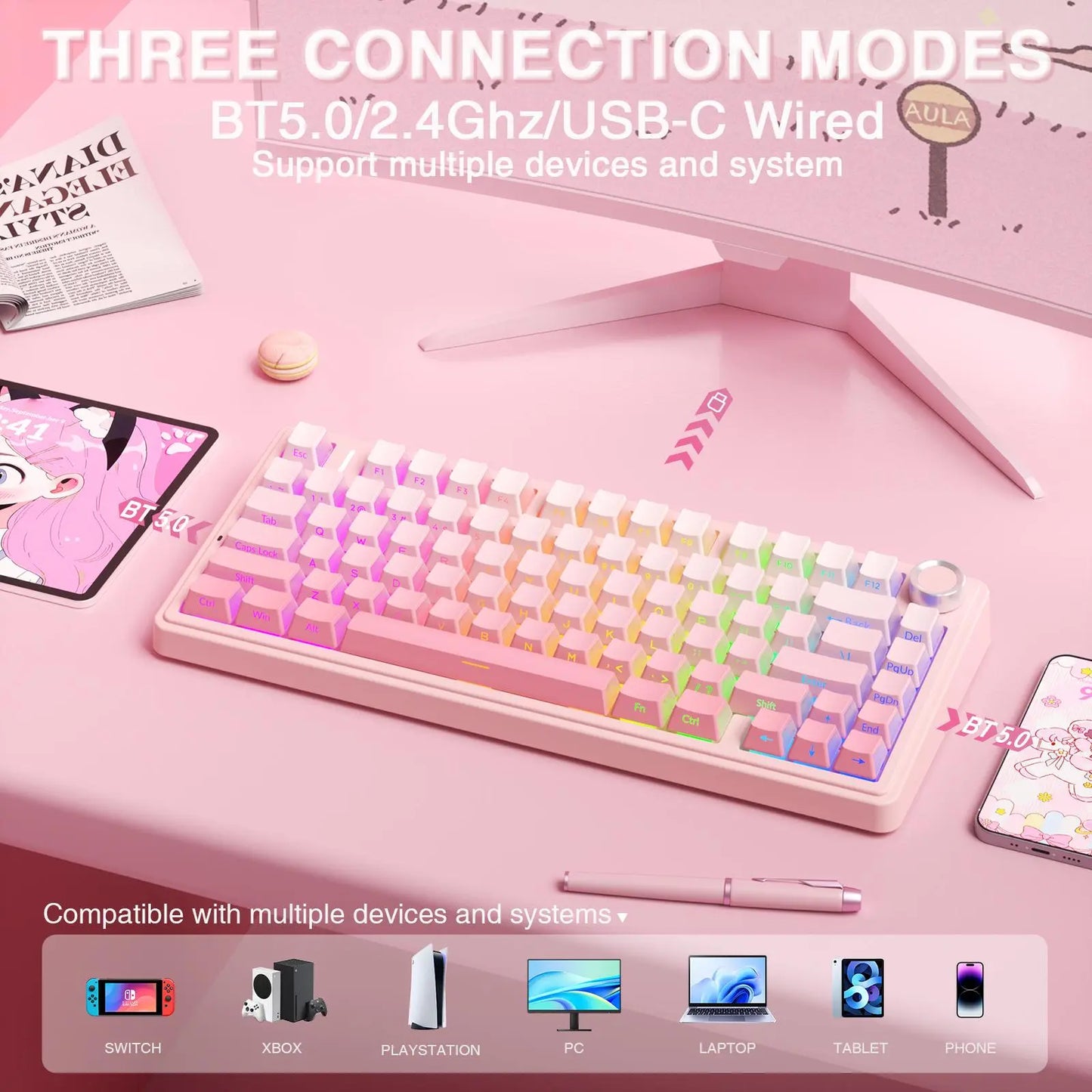 AULA F75 Pro Pink Aesthetic Bluetooth Keyboard - Creamy Silent Mechanical Keyboard with 3-Side Glow RGB Keycaps, Customizable Switches for Cute Desk Setup, Creamy Keyboard,Back to School,Back to School Haul