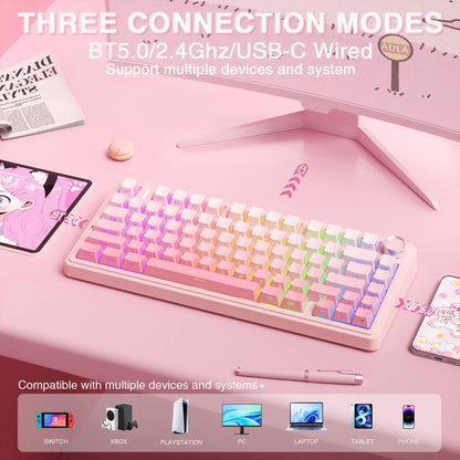 AULA F75 Pro Pink Aesthetic Bluetooth Keyboard - Creamy Silent Mechanical Keyboard with 3-Side Glow RGB Keycaps, Customizable Switches for Cute Desk Setup, Creamy Keyboard,Back to School,Back to School Haul