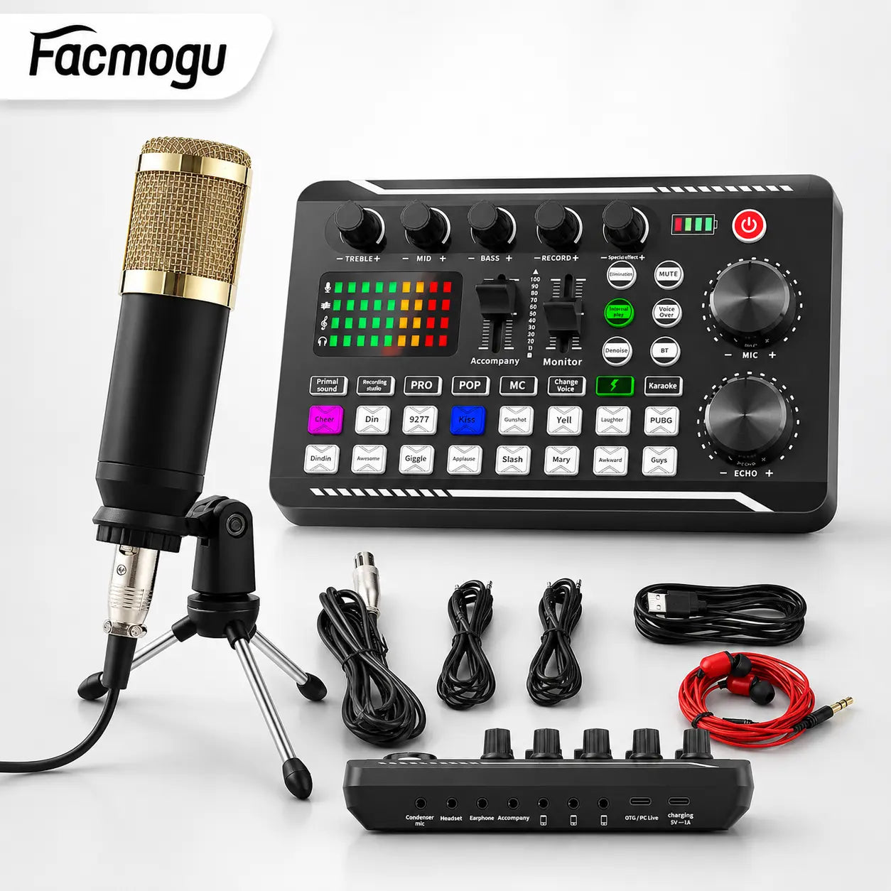 Facmogu F998 Professional Podcast Equipment Bundle - Audio Interface, BM800 Condenser Microphone, Tripod Stand, USB Cable, Card Slot, Control Buttons for Live Streaming, Recording Device, Metal