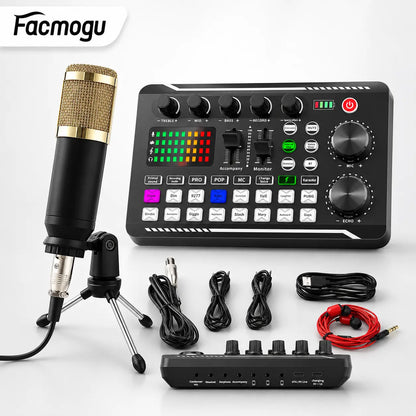 Facmogu F998 Professional Podcast Equipment Bundle - Audio Interface, BM800 Condenser Microphone, Tripod Stand, USB Cable, Card Slot, Control Buttons for Live Streaming, Recording Device, Metal