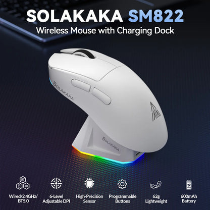 SOLAKAKA SM822 Tri-Mode Cable-Free Gaming Mouse with RGB Magnetic Rechargeable Base, 24000 DPI PAW3311 Sensor, 62G Ultra-Lightweight Tapered Waist Ergonomic Design, Customizable RGB Lighting, Programmable Buttons, Built-In Battery for PC Gamers, Tapered W