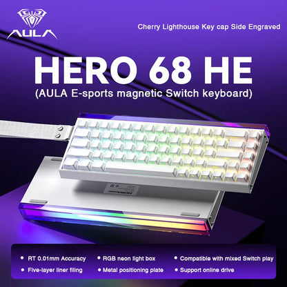 [New]Aula Hero 68 Wired Hall Effect Magnetic Switch Mechanical Gaming Keyboard, Tri-Mode Side Engraved Keycap 65% Layout,Rt 0.01, Extreme Response, RGB Backlit, Web Driver, 8K Returns, Hot Swappable E-Sport Gaming Accessories PC Accessories Computer Perip