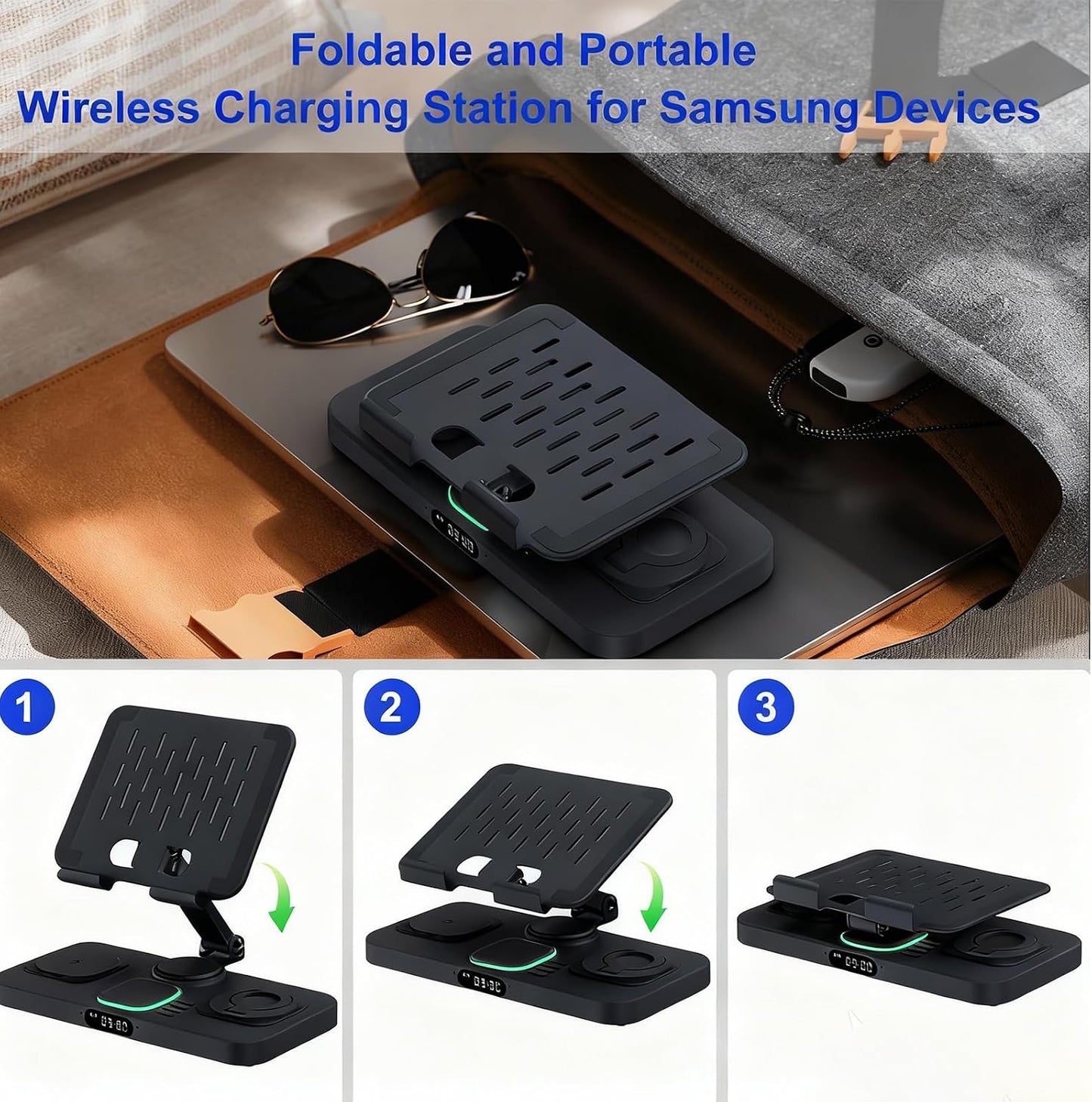 30W Tablet Wireless Charger for Samsung, Foldable Android Charging Station with Clock Display with 7-Color Light, Wireless Watch Charger for S25, Only Compatible Samsung Watch, Galaxy Buds3 Pro(Black)