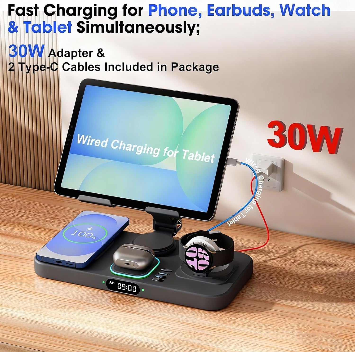 30W Tablet Wireless Charger for Samsung, Foldable Android Charging Station with Clock Display with 7-Color Light, Wireless Watch Charger for S25, Only Compatible Samsung Watch, Galaxy Buds3 Pro(Black)