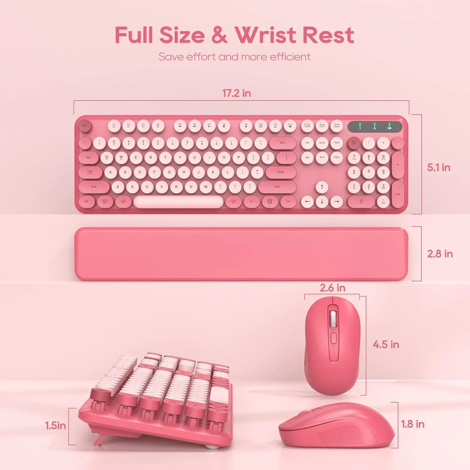 Chic Retro Wireless Keyboard and Mouse Combo - Colorful Round Keycaps, Comfortable Wrist Rest, Sleep Mode, and Multi-OS Compatibility for Mac/Windows (Pink)