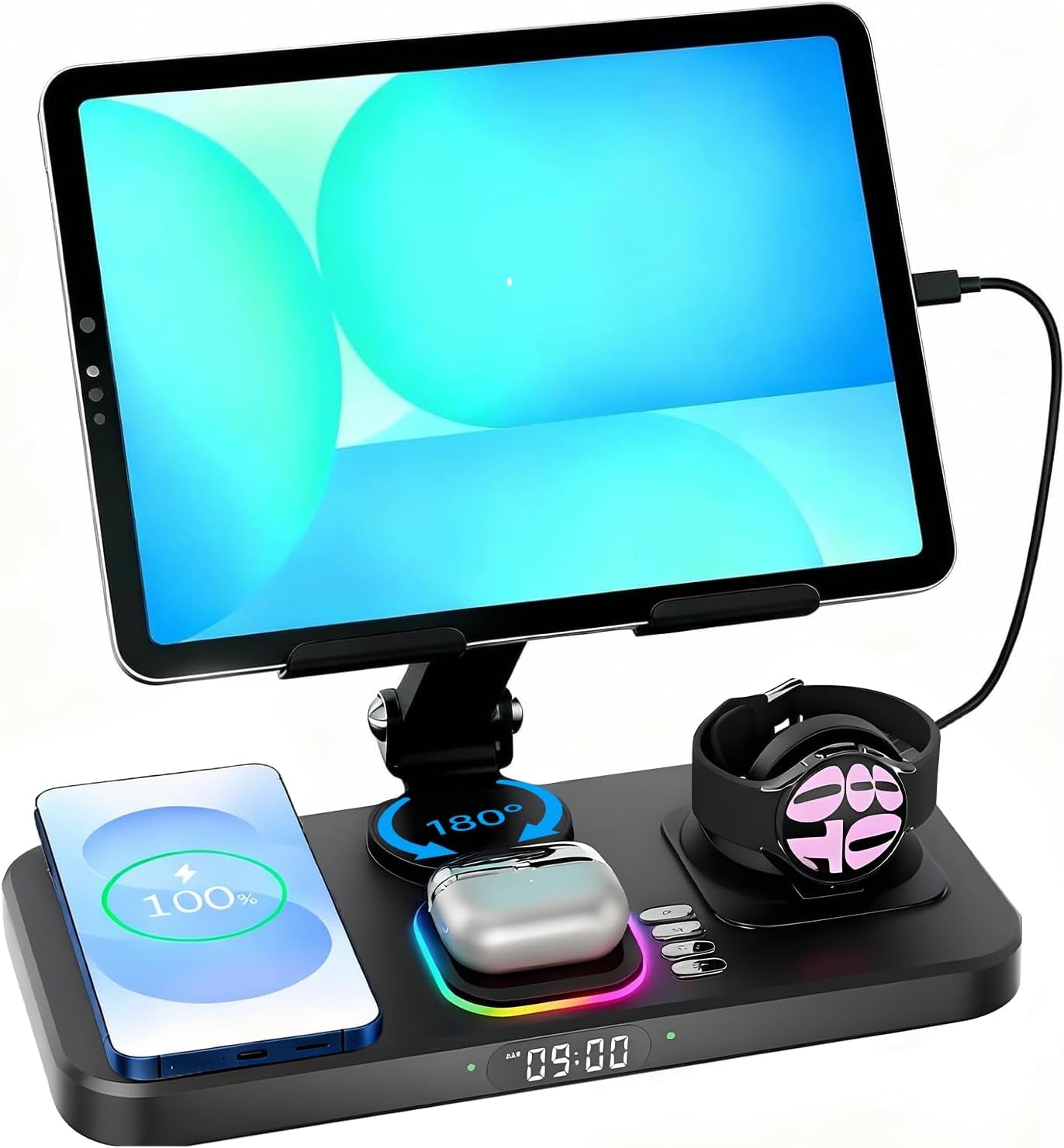 30W Tablet Wireless Charger for Samsung, Foldable Android Charging Station with Clock Display with 7-Color Light, Wireless Watch Charger for S25, Only Compatible Samsung Watch, Galaxy Buds3 Pro(Black)