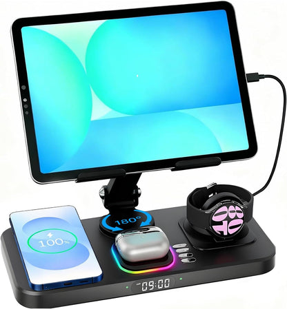 30W Tablet Wireless Charger for Samsung, Foldable Android Charging Station with Clock Display with 7-Color Light, Wireless Watch Charger for S25, Only Compatible Samsung Watch, Galaxy Buds3 Pro(Black)