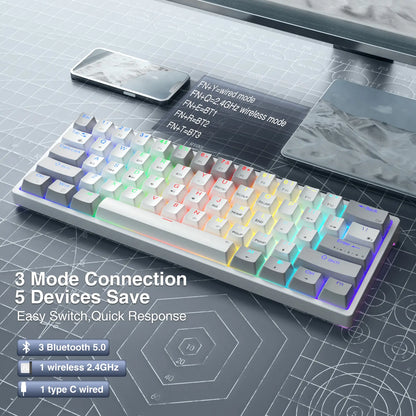 Solakaka SK961 Tri-Mode Wireless Mechanical Keyboard, 60% Compact RGB Gaming Keyboard with Bluetooth 2.4G USB-C, Affordable Programmable Keyboard for Gaming Office