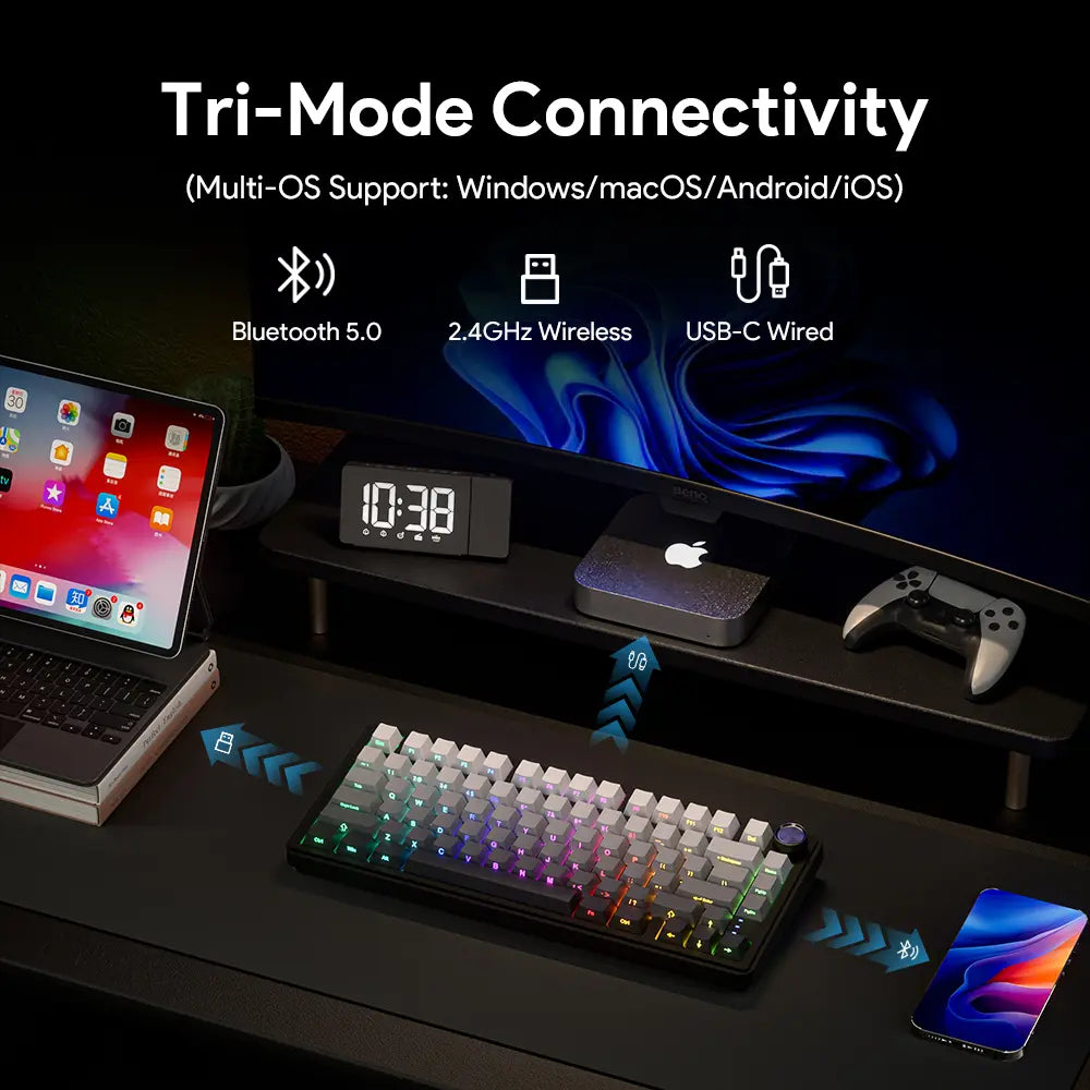 ZIFRIEND&FURYCUBE RX75 PRO Wireless Mechanical Creamy Keyboard,Tri-Mode Type-C/2.4G/Bluetooth Music Rhythm Sync RGB Backlight Keyboard,Multimode Gaming Keyboard for Gaming, Office, Career Women,Multimedia Roller Key