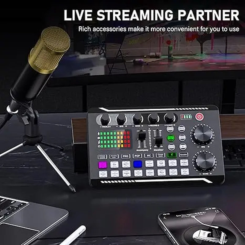 Facmogu F998 Professional Podcast Equipment Bundle - Audio Interface, BM800 Condenser Microphone, Tripod Stand, USB Cable, Card Slot, Control Buttons for Live Streaming, Recording Device, Metal