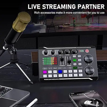 Facmogu F998 Professional Podcast Equipment Bundle - Audio Interface, BM800 Condenser Microphone, Tripod Stand, USB Cable, Card Slot, Control Buttons for Live Streaming, Recording Device, Metal
