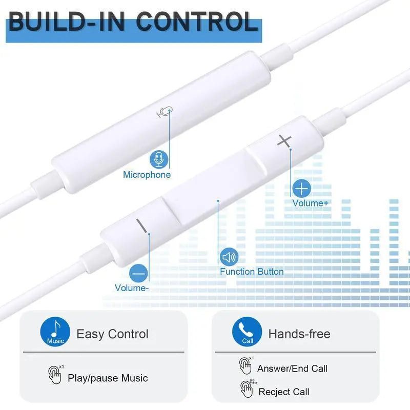 USB-C Earphones with Mic, Volume Control, Hifi Stereo - Compatible with Iphone 17/17 Pro/16/15, Samsung S25/S24/S23, Pixel 10/9, Oneplus & USB-C Phones