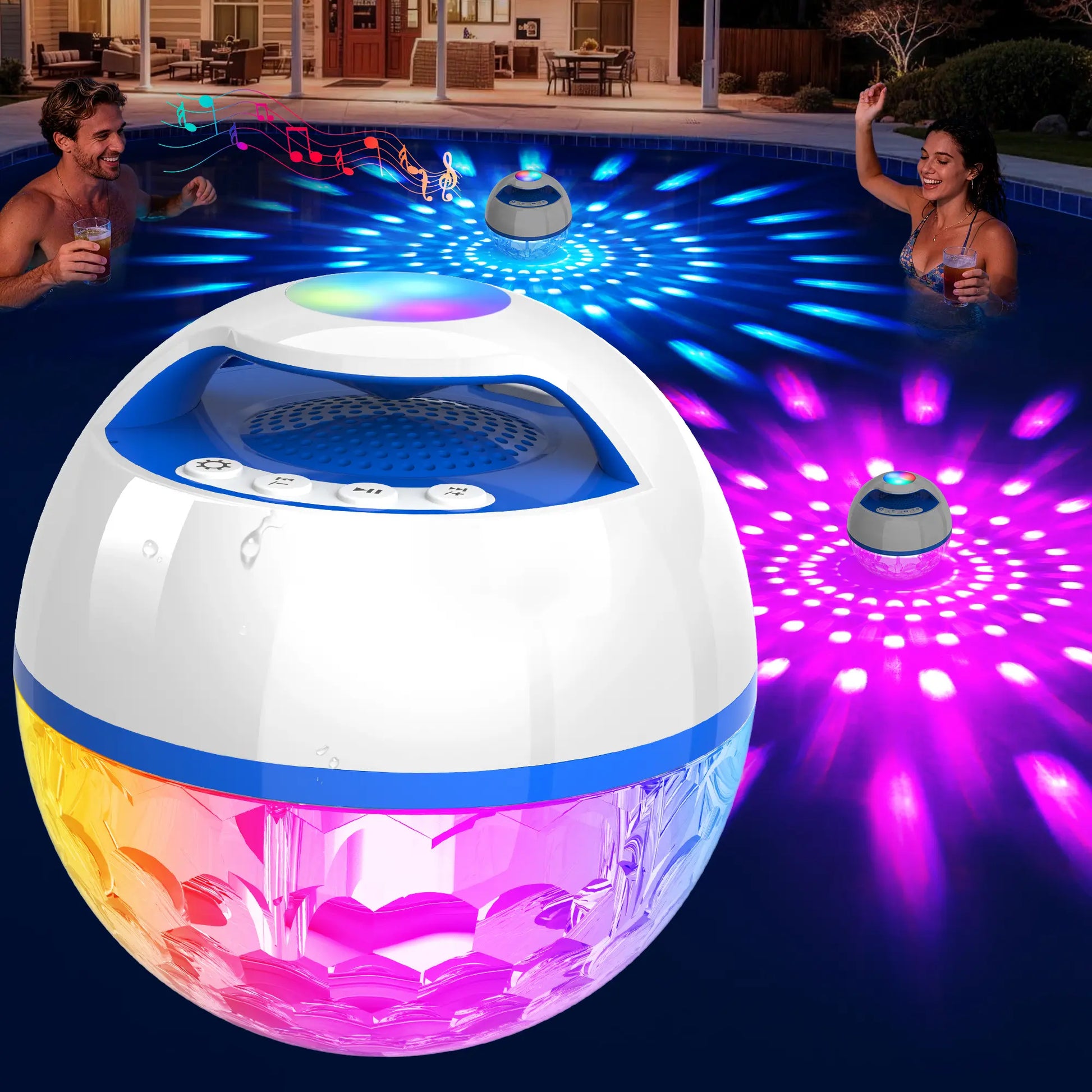 White 2-In-1 IP68 Waterproof Floating Bluetooth Speaker - Colorful LED Light, 360° Surround Stereo Audios, Hands-Free Portable Wireless Speaker with Charging & Connection Support for Pool, Hot Tub, Bass Speakers