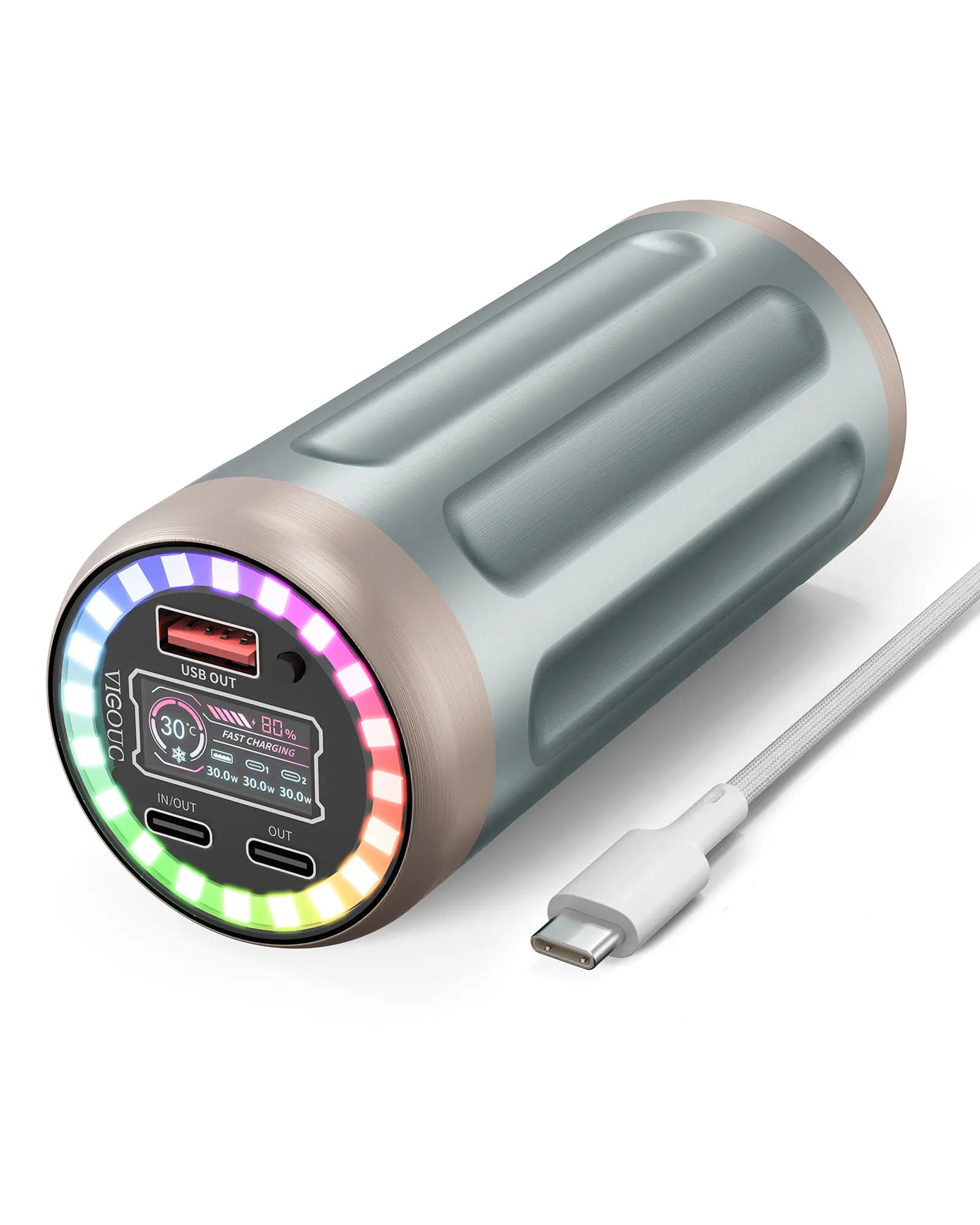 VIGOUC 32,450mAh High-Capacity Mobile Power Bank - PD 22.5W Fast Charging, RGB Lighting, TFT Display, Triple Output, USB Compatibility for Smartphones, iPhone 17/16/15, Samsung, and Other Digital Devices (Ideal for Camping and Emergency Use)