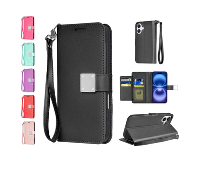 Premium Synthetic Leather Bi-Fold Wallet Case with Strap for Apple iPhone 16 - Stylish Credit Card Holder and Stand