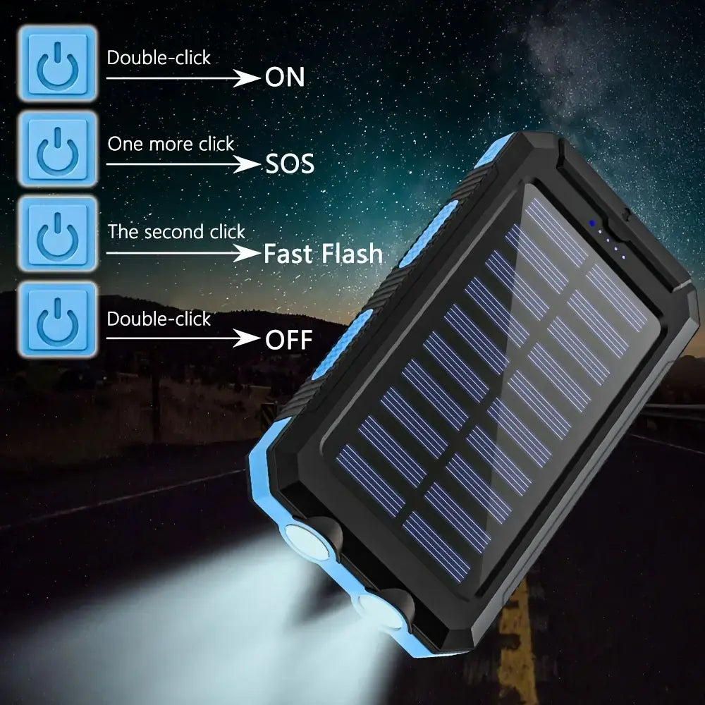 10000Mah Compact Durable Solar Power Bank - Handy Digital Device Accessories, Multi-Use Portable Charger with Dual USB-A Outputs, Flashlight, Compass, Carabiner, Waterproof Tools and Gadgets for Outdoor Activities, Android Phones