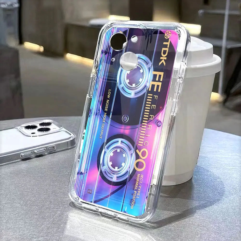 Phone Case: Neon Glow TDK Cassette-Style Transparent TPU Soft Silicone Case, Compatible with Iphone 17/15/16/14/13/12/11 Pro Max plus and 12/13 Mini; Made of TPU, This Case Offers Drop, Shock, and Scratch Protection.