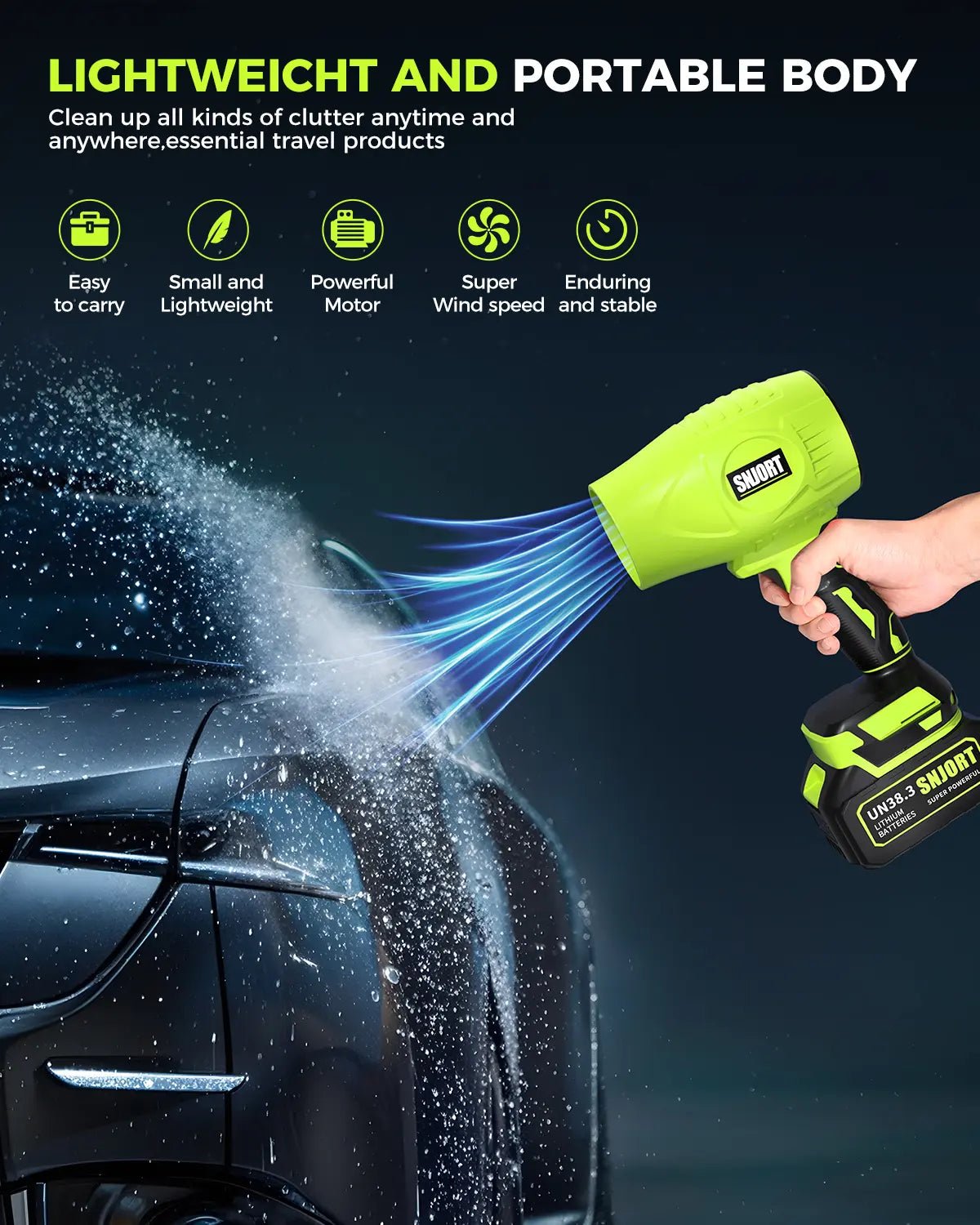 SNJORT Cordless Leaf Blower with Battery and Charger, Handheld Electric Blower for Car Drying, Car Detailing, Patio Cleaning, Leaves, Dust & Debris Removal