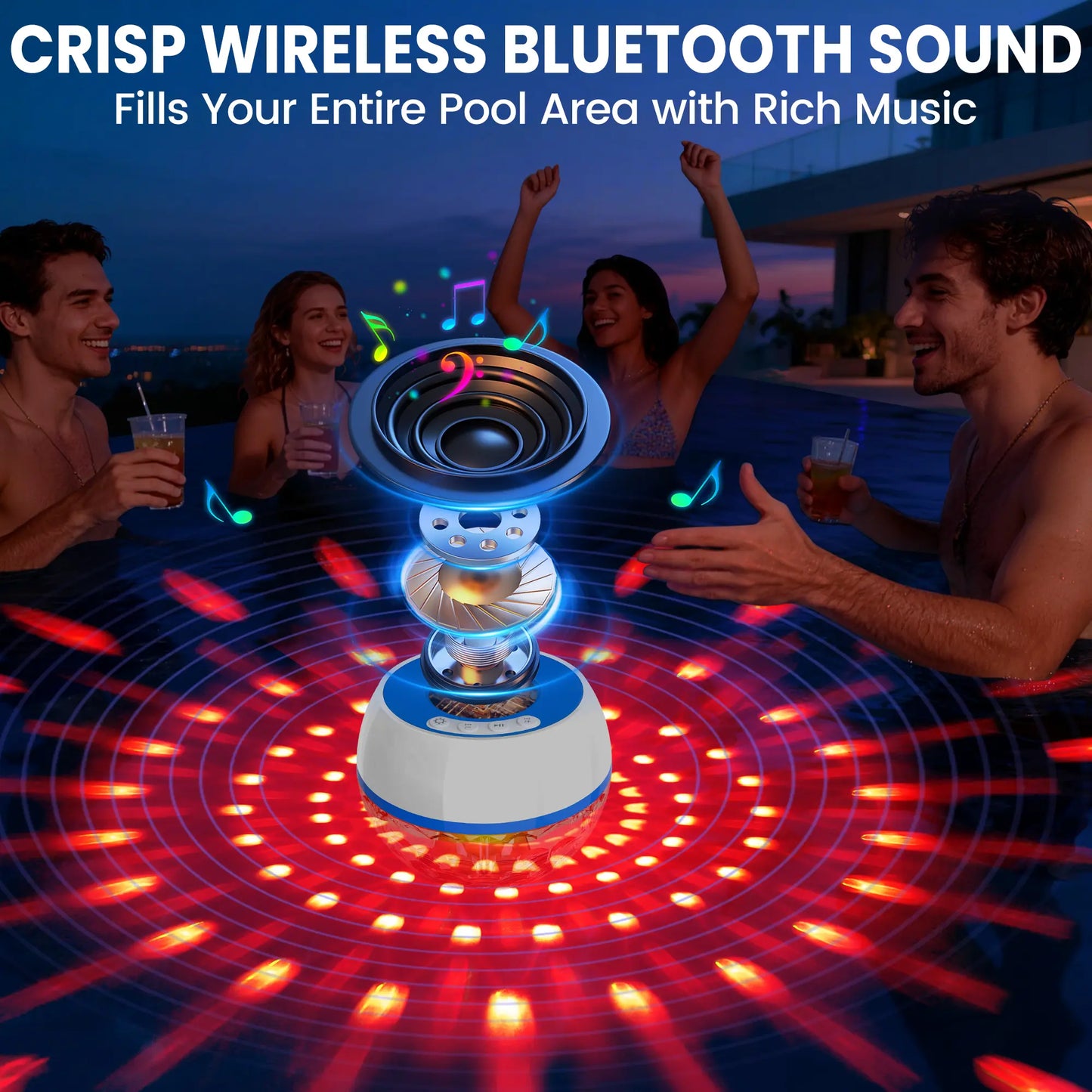 White 2-In-1 IP68 Waterproof Floating Bluetooth Speaker - Colorful LED Light, 360° Surround Stereo Audios, Hands-Free Portable Wireless Speaker with Charging & Connection Support for Pool, Hot Tub, Bass Speakers