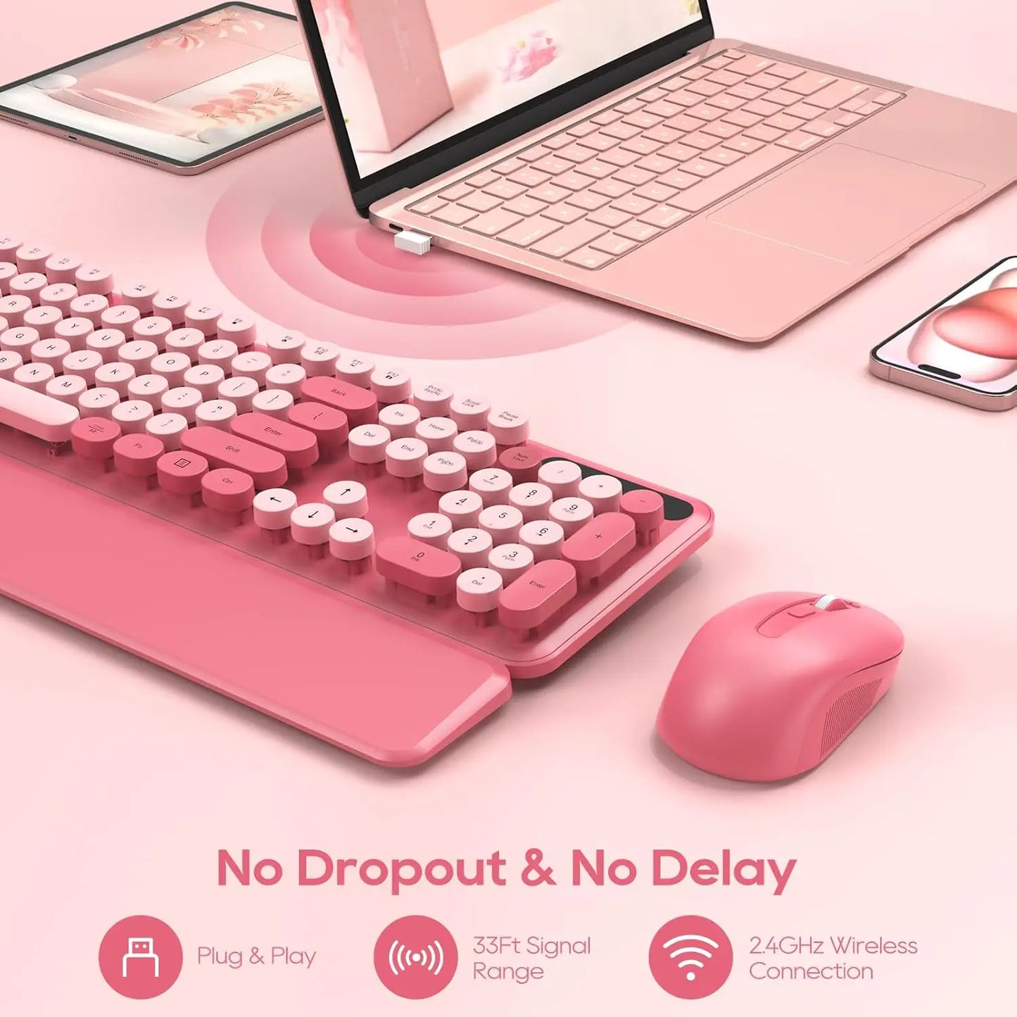 Chic Retro Wireless Keyboard and Mouse Combo - Colorful Round Keycaps, Comfortable Wrist Rest, Sleep Mode, and Multi-OS Compatibility for Mac/Windows (Pink)