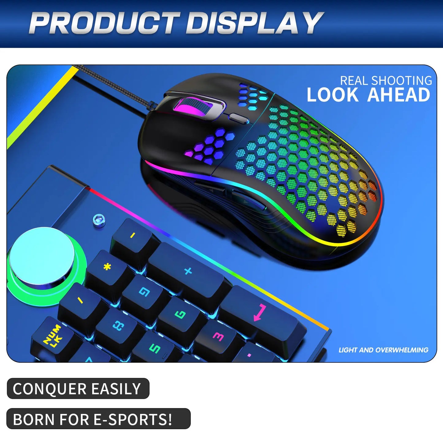 Honeycomb Wired Gaming Mouse, RGB Light with On/Off Switch, 7200 Adjustable DPI, Ergonomic Lightweight 100G Design, High Precision Optical Sensor, 6 Buttons 1.5M Cable, Compatible with PC Laptop Gamers