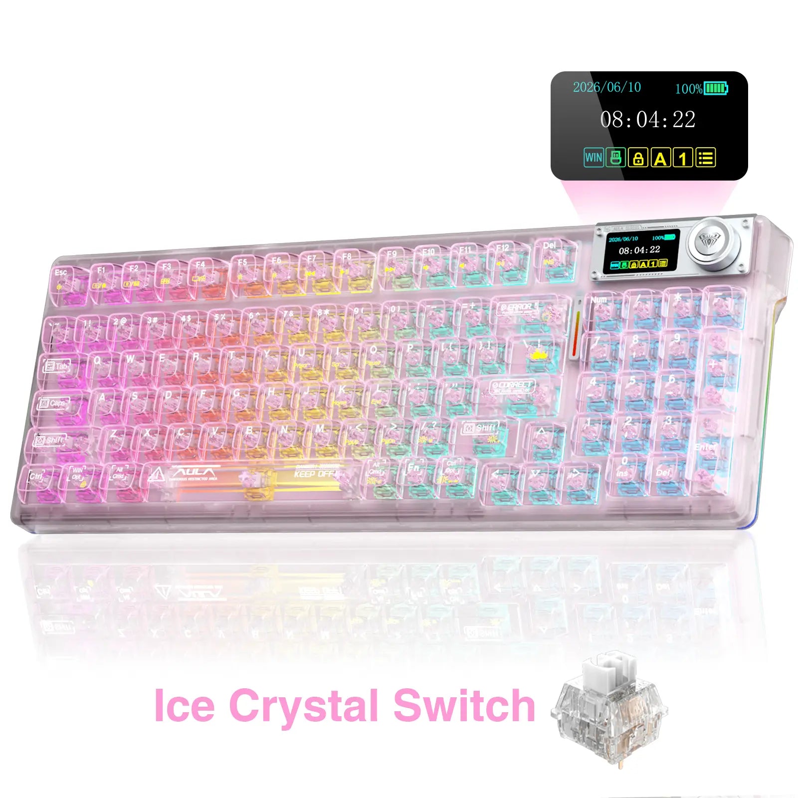 AULA F98 Pro V3 White Transparent Full-Size Illuminated RGB Backlighting Gaming Keyboard with Number Pad, 10000Mah Battery, TFT Smart Screen & Knob, Tri-Mode Bluetooth/2.4G/Usb-C, Hot Swappable Gasket, Wireless Mechanical, Keyboards, Gaming Keyboards