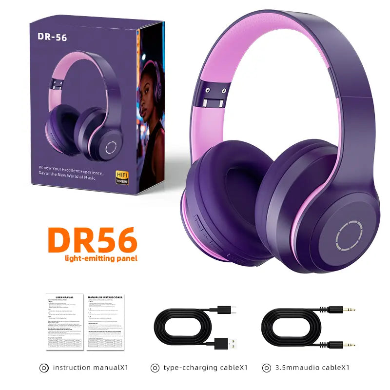 Over-Ear Wireless Bluetooth Headphones LED Light up Hybrid Noise Reduction Hi-Res Audio Deep Bass Hi-Fi Stereo 100H Long Playtime Foldable Lightweight Headset Soft Comfort Earpads Built-In Mic Compatible Ios/Android/Pc for Office Travel Gym Outdoor Black