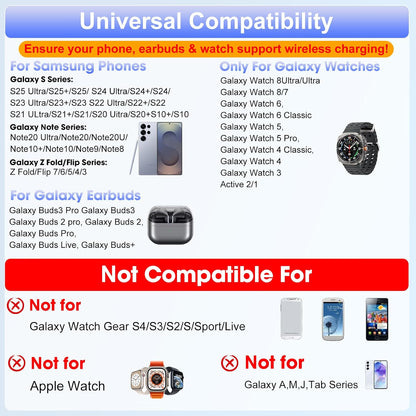 30W Tablet Wireless Charger for Samsung, Foldable Android Charging Station with Clock Display with 7-Color Light, Wireless Watch Charger for S25, Only Compatible Samsung Watch, Galaxy Buds3 Pro(Black)