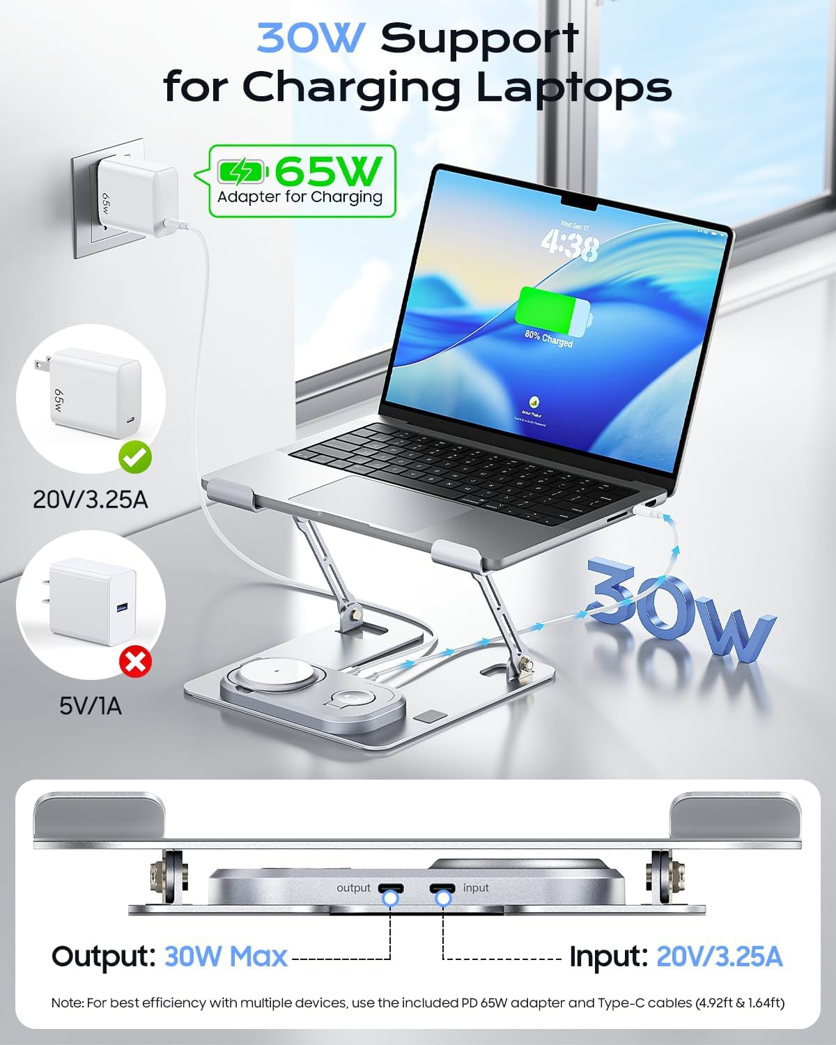 Laptop Stand with Wireless Charging Station Base, Foldable Aluminum Macbook Holder with Magsafe Charger for Iphone/Iwatch/Airpods, 30W USB-C Wired Charging for Laptop/Ipad, with 65W Adapter